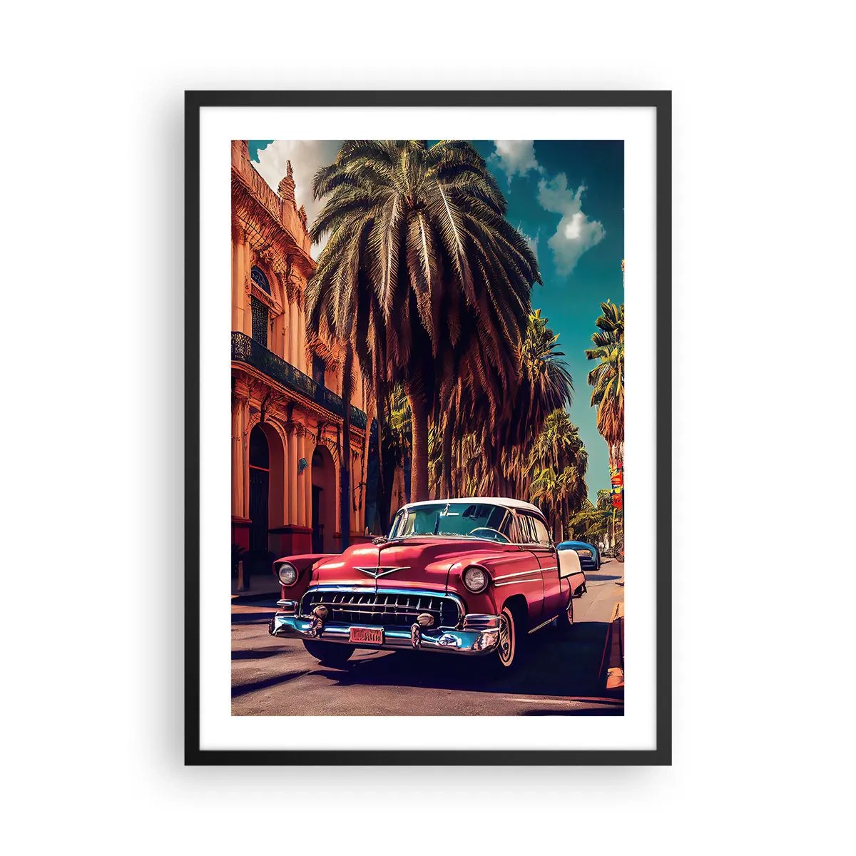 Pôster com moldura preta - Um carro clássico com o cenário de uma cidade tropical - 50x70cm - Ainda em Havana - Decoração de parede moderna para a sala de estar e quarto ARTTOR