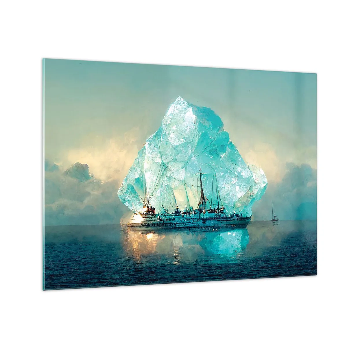 Quadro em vidro - Um veleiro em frente a uma enorme geleira sob a luz do Ártico. - 70x50cm - Diamante Ártico - Decoração de parede moderna para a sala de estar e quarto ARTTOR