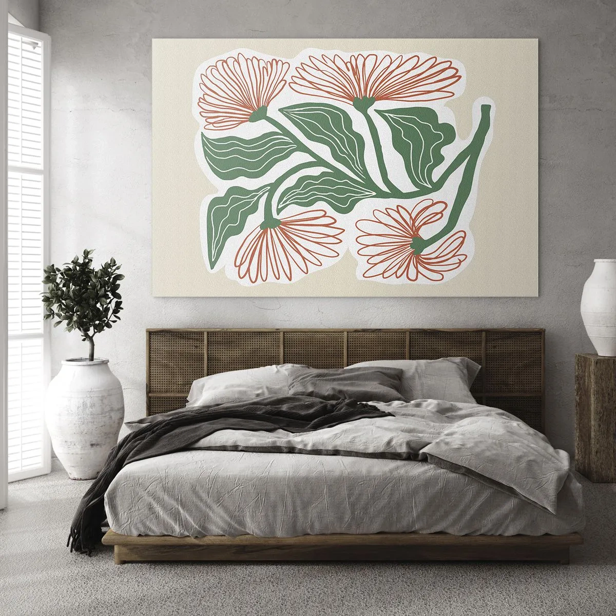 Quadro em vidro - Flores decorativas de estilo folclórico em um fundo claro - 70x50cm - Folclórico e moderno - Decoração de parede moderna para a sala de estar e quarto ARTTOR