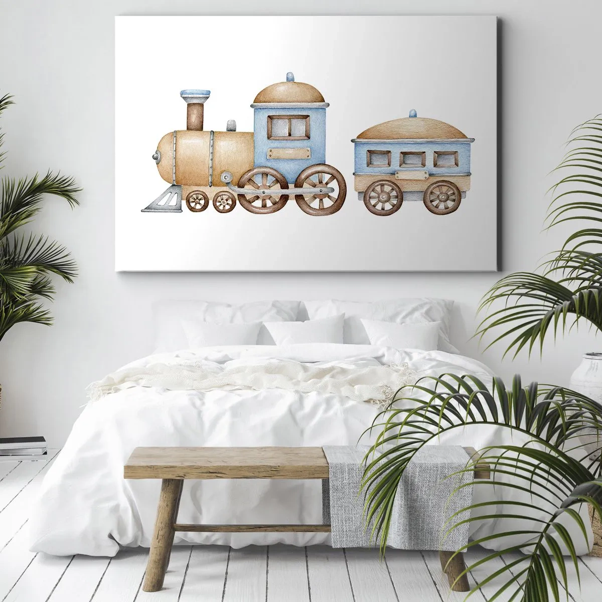 Quadro em tela - Desenho de um trem em tons pastéis sobre fundo branco - 70x50cm - Parado na estação... - Decoração de parede moderna para a sala de estar e quarto ARTTOR