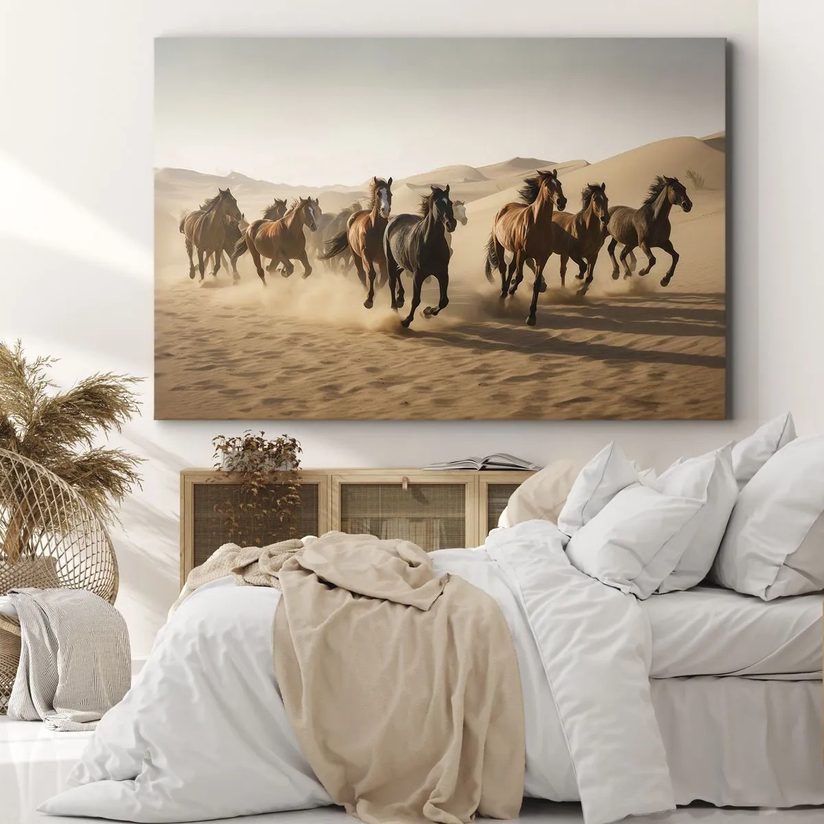Quadro em tela - Cavalos galopando contra um fundo desértico - 70x50cm - Livre como o vento - Decoração de parede moderna para a sala de estar e quarto ARTTOR