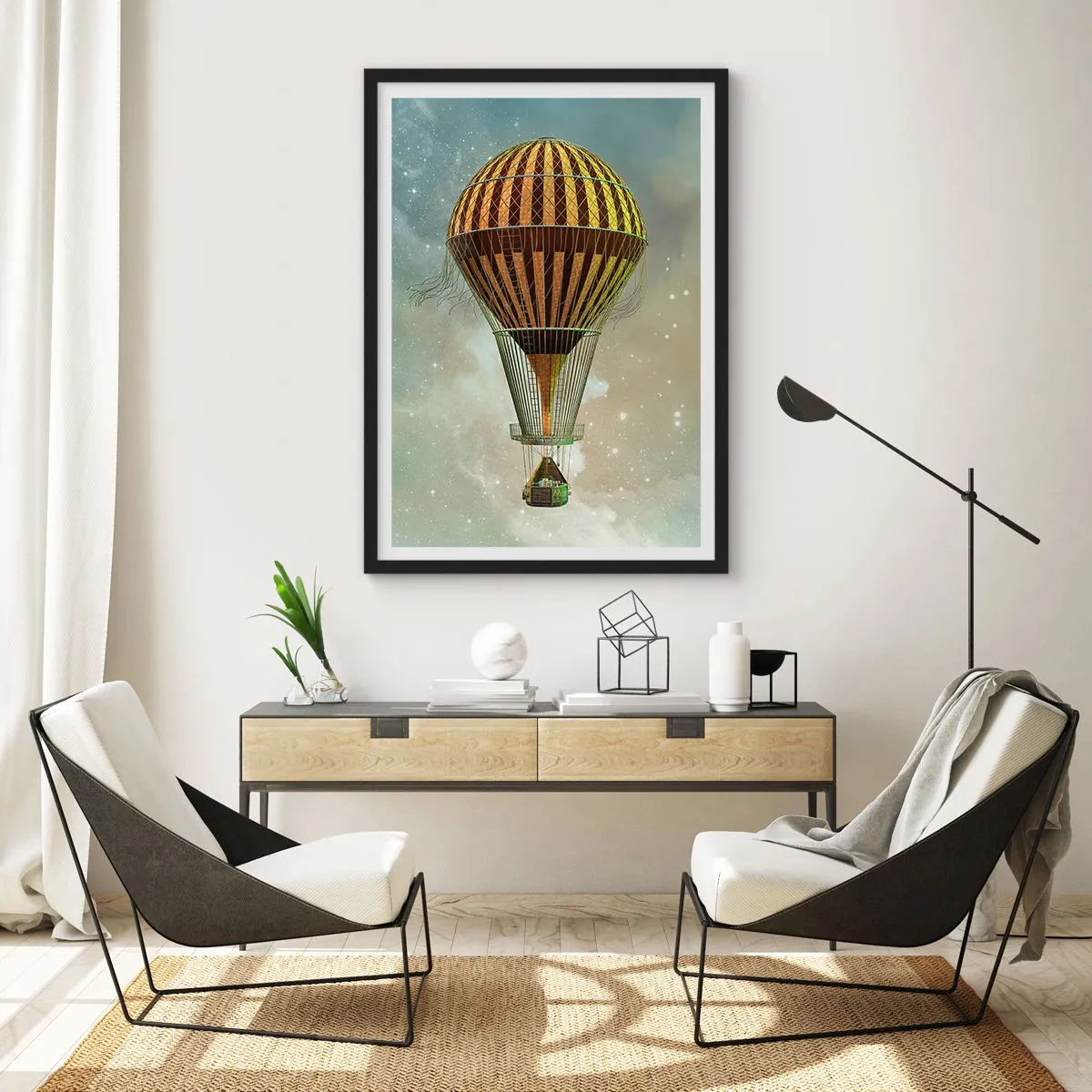 Pôster com moldura preta - Um balão dourado flutuando no espaço sideral - 50x70cm - Voos pioneiros - Decoração de parede moderna para a sala de estar e quarto ARTTOR