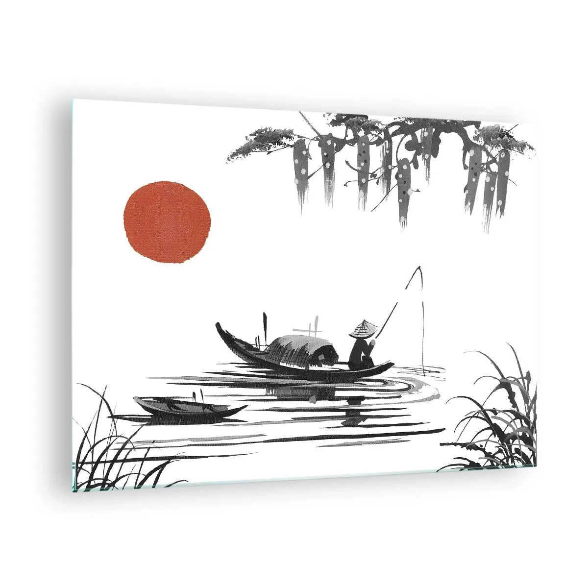 Quadro em vidro - Barco de pesca tradicional em um rio com um sol vermelho - 70x50cm - Tarde asiática - Decoração de parede moderna para a sala de estar e quarto ARTTOR