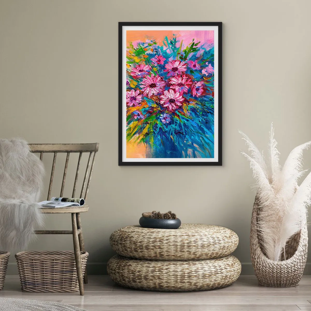 Pôster com moldura preta - Um buquê de flores intensamente coloridas sobre um fundo abstrato - 50x70cm - A energia da vida - Decoração de parede moderna para a sala de estar e quarto ARTTOR