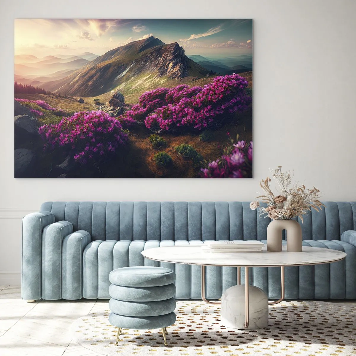 Quadro em vidro - Paisagem montanhosa de verão com urze rosa florescendo - 70x50cm - Verão nas montanhas - Decoração de parede moderna para a sala de estar e quarto ARTTOR