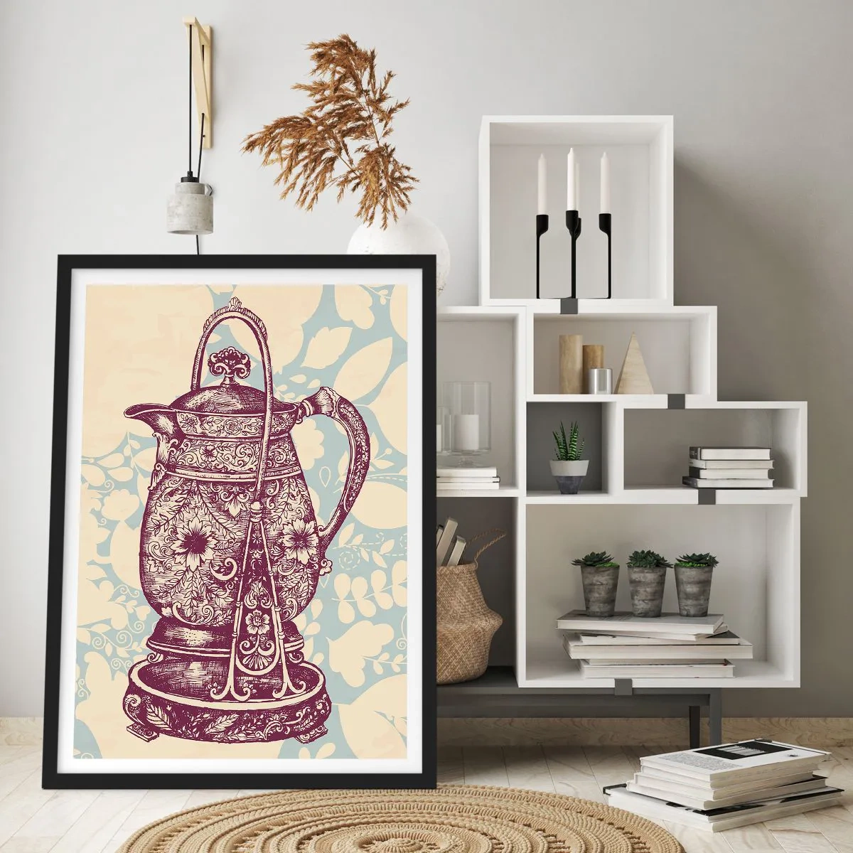 Pôster com moldura preta - Um jarro vintage decorado em um fundo decorativo - 50x70cm - A beleza da vida cotidiana - Decoração de parede moderna para a sala de estar e quarto ARTTOR
