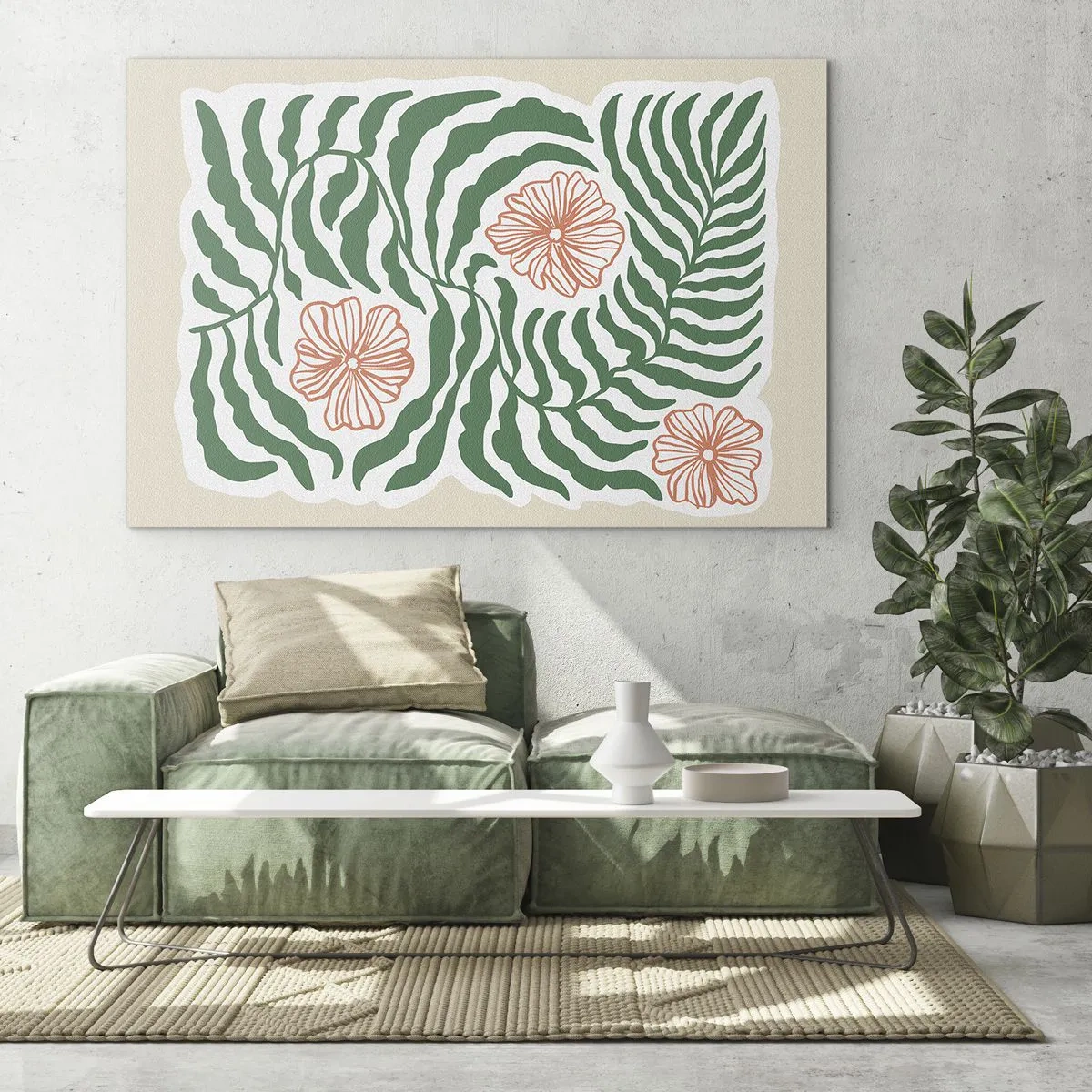Quadro em vidro - Folhas verdes e flores vermelhas em um arranjo gráfico - 70x50cm - Florescendo em verde - Decoração de parede moderna para a sala de estar e quarto ARTTOR