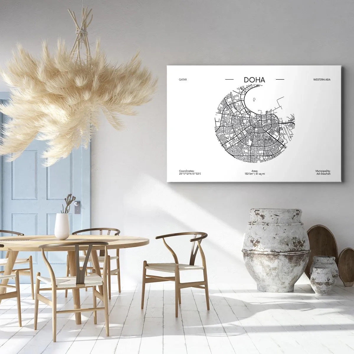 Quadro em tela - Um mapa minimalista de Doha em preto e branco com detalhes precisos. - 70x50cm - Anatomia de Doha - Decoração de parede moderna para a sala de estar e quarto ARTTOR