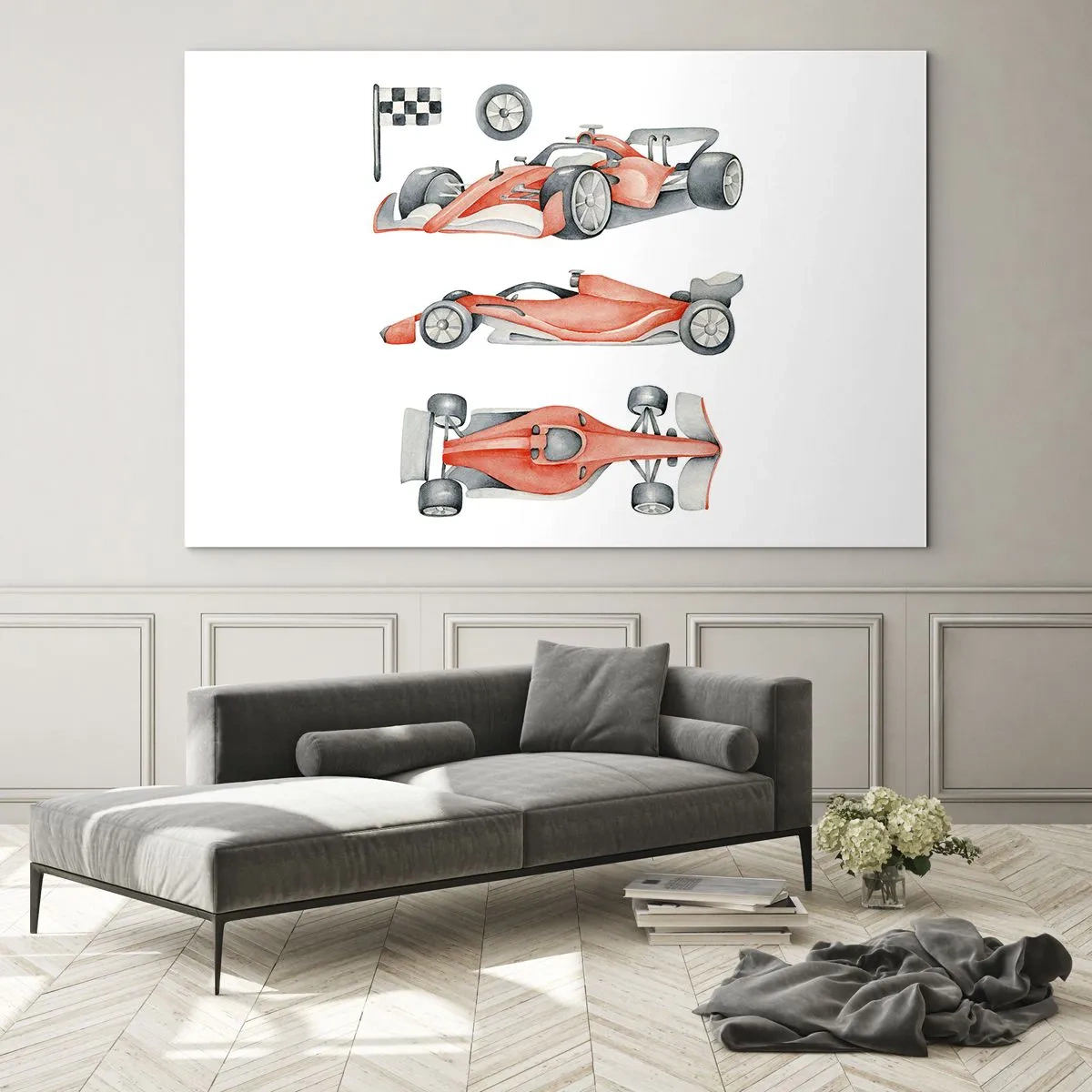 Quadro em vidro - Ilustração de três cenas de um carro de corrida vermelho com uma bandeira de corrida - 70x50cm - Persiga seu sonho - Decoração de parede moderna para a sala de estar e quarto ARTTOR