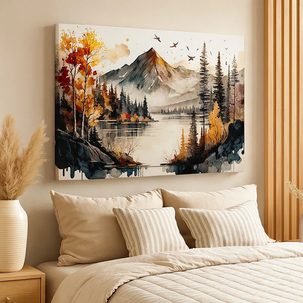 Quadro em tela - Paisagem de montanha de outono com um lago e árvores em aquarela - 70x50cm - Outono dourado nas montanhas - Decoração de parede moderna para a sala de estar e quarto ARTTOR