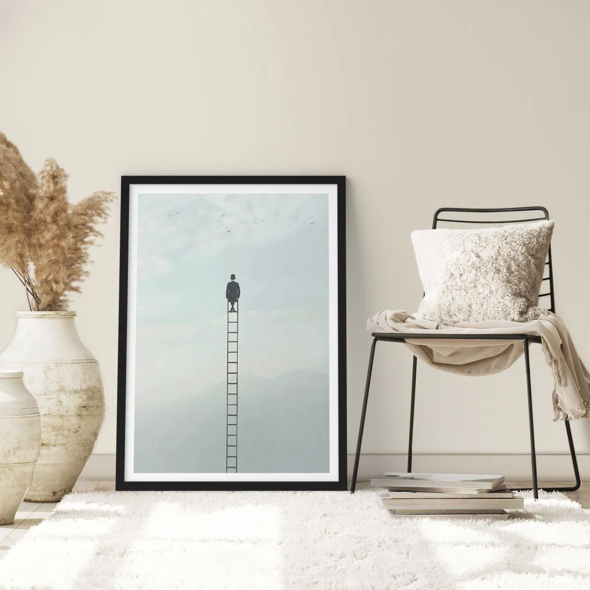 Pôster com moldura preta - Homem em uma escada olhando para o céu - 50x70cm - Vá além - Decoração de parede moderna para a sala de estar e quarto ARTTOR