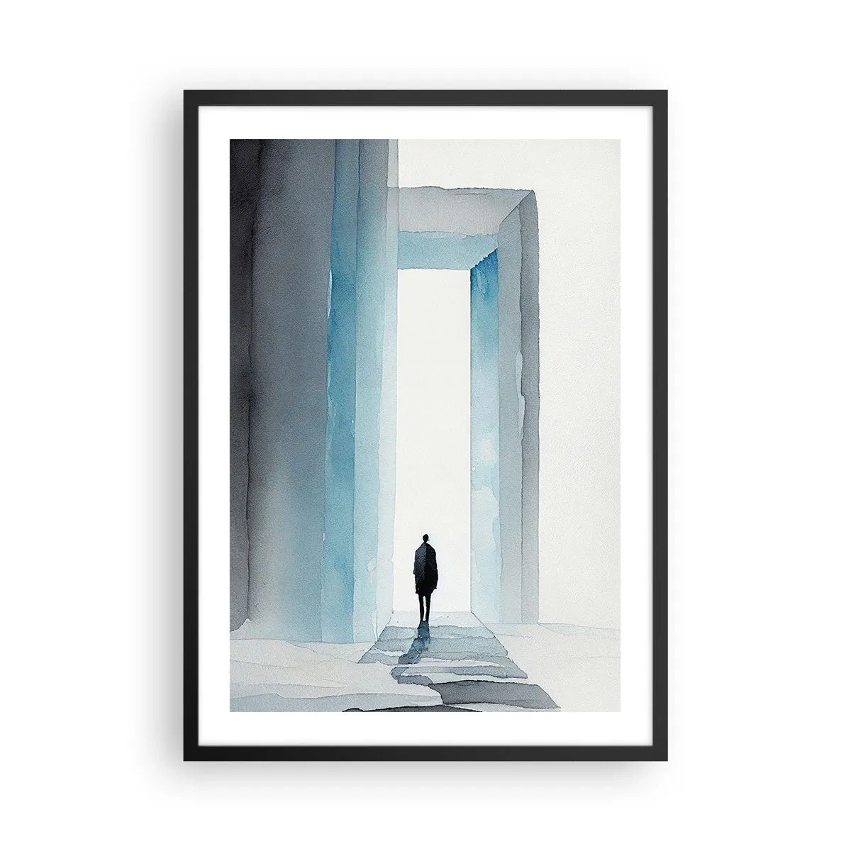 Pôster com moldura preta - Uma figura caminhando por um portão azul, simbolizando liberdade e possibilidades ilimitadas - 50x70cm - Viva sem limites - Decoração de parede moderna para a sala de estar e quarto ARTTOR