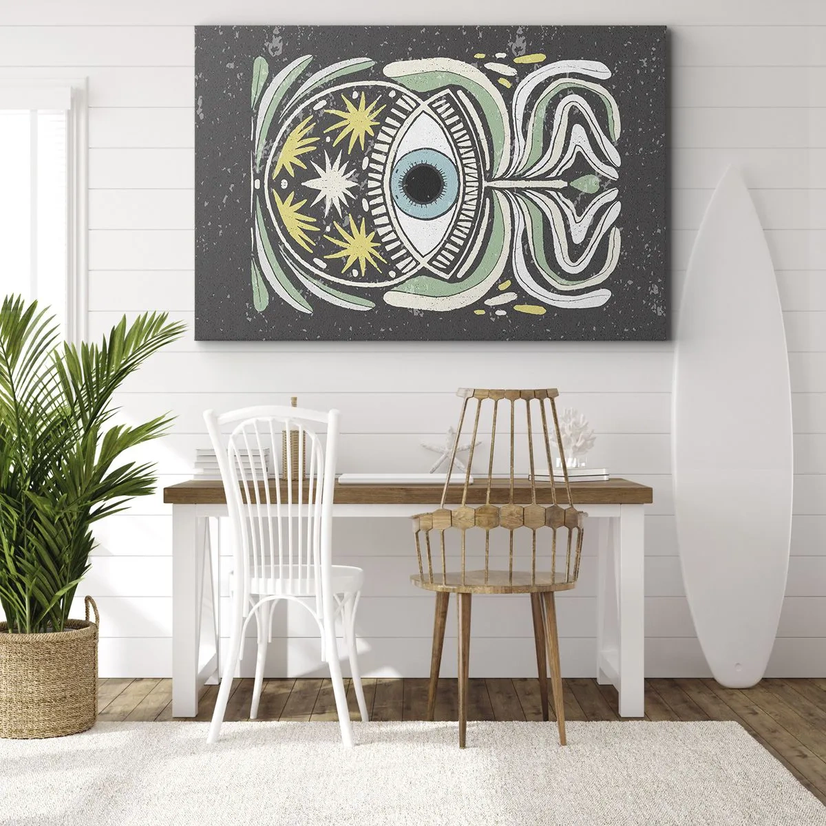 Quadro em tela - Um olho simbólico cercado por padrões abstratos - 70x50cm - Rituais tribais - Decoração de parede moderna para a sala de estar e quarto ARTTOR