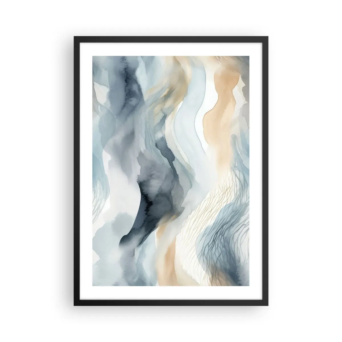 Pôster com moldura preta - Ondas abstratas em tons de bege e azul marinho - 50x70cm - Abstração nevada e nebulosa - Decoração de parede moderna para a sala de estar e quarto ARTTOR