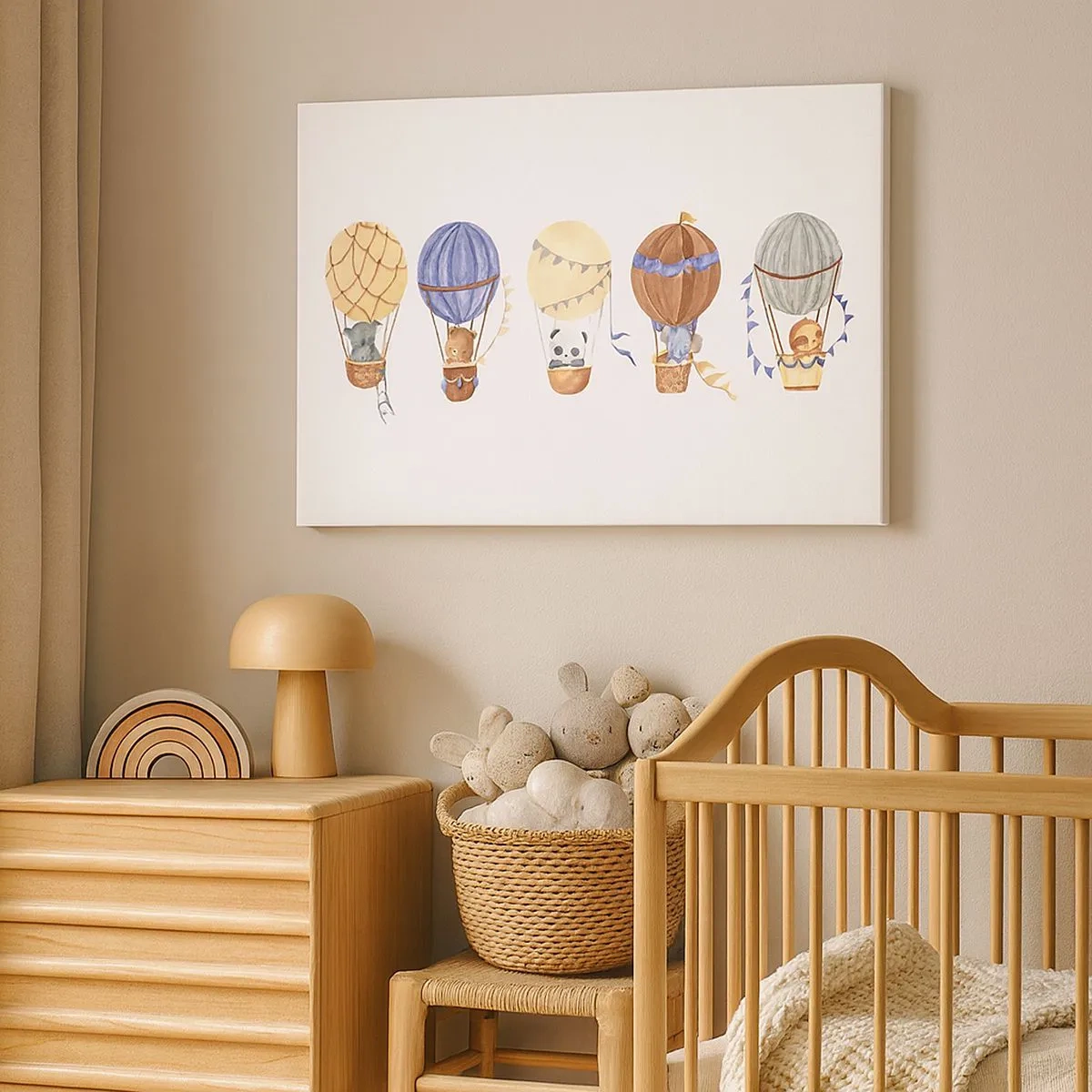 Quadro em tela - Animais fofos em balões sobre fundo branco - 70x50cm - Amigos em movimento - Decoração de parede moderna para a sala de estar e quarto ARTTOR