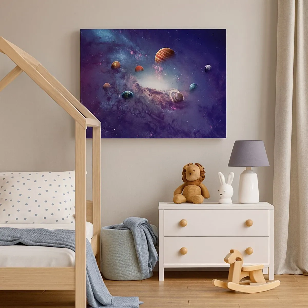 Quadro em tela - Planetas em uma galáxia com uma nebulosa ao fundo - 70x50cm - Sistema da dança solar - Decoração de parede moderna para a sala de estar e quarto ARTTOR