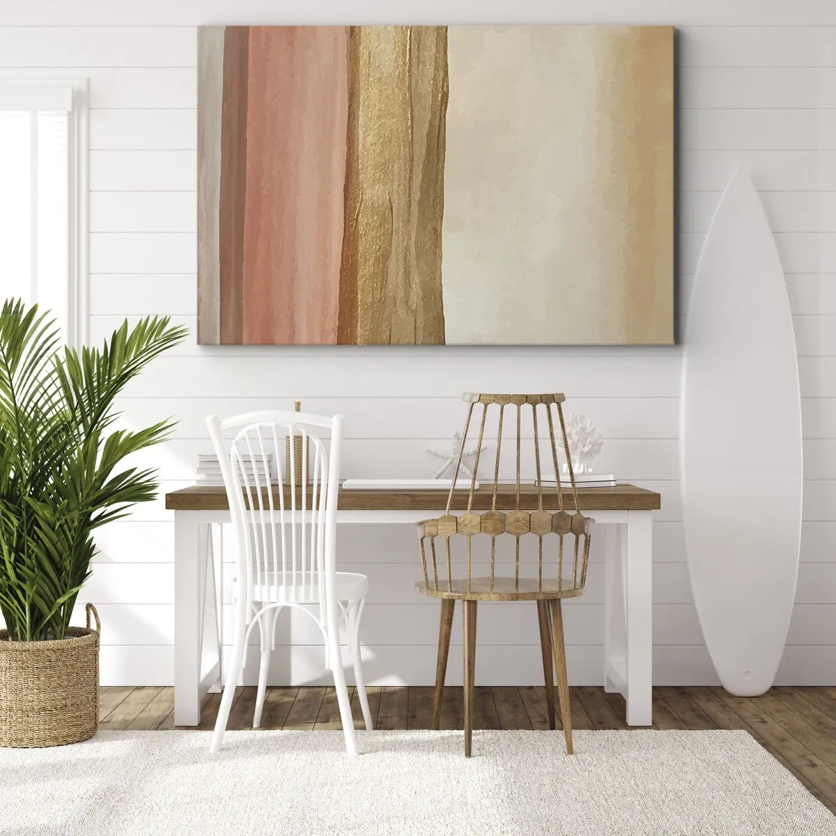 Quadro em tela - Listras abstratas em tons de bege, dourado e rosa sobre tela - 70x50cm - Composição vertical - Decoração de parede moderna para a sala de estar e quarto ARTTOR
