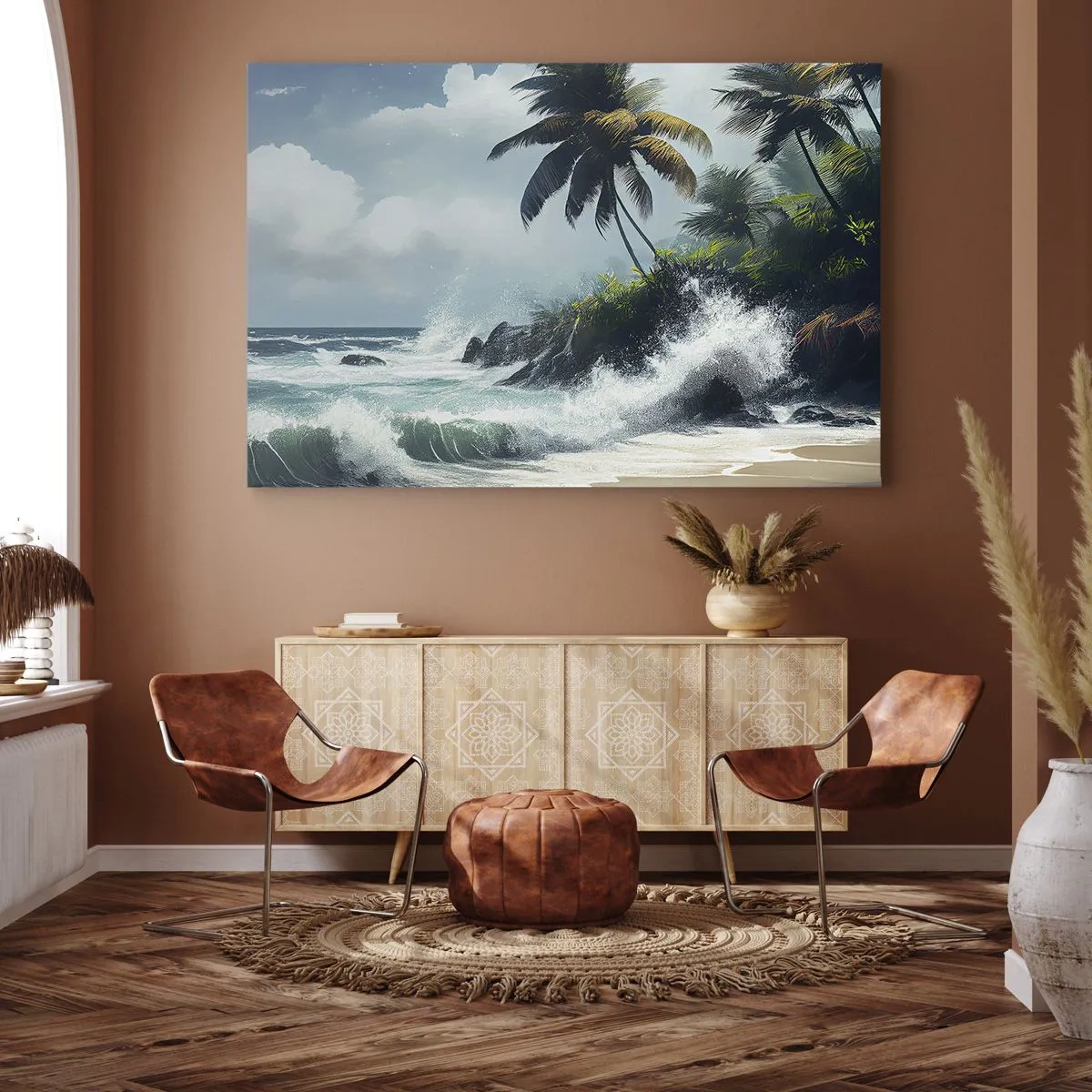 Quadro em tela - Praia tropical com palmeiras e mar agitado - 70x50cm - Em uma costa tropical - Decoração de parede moderna para a sala de estar e quarto ARTTOR