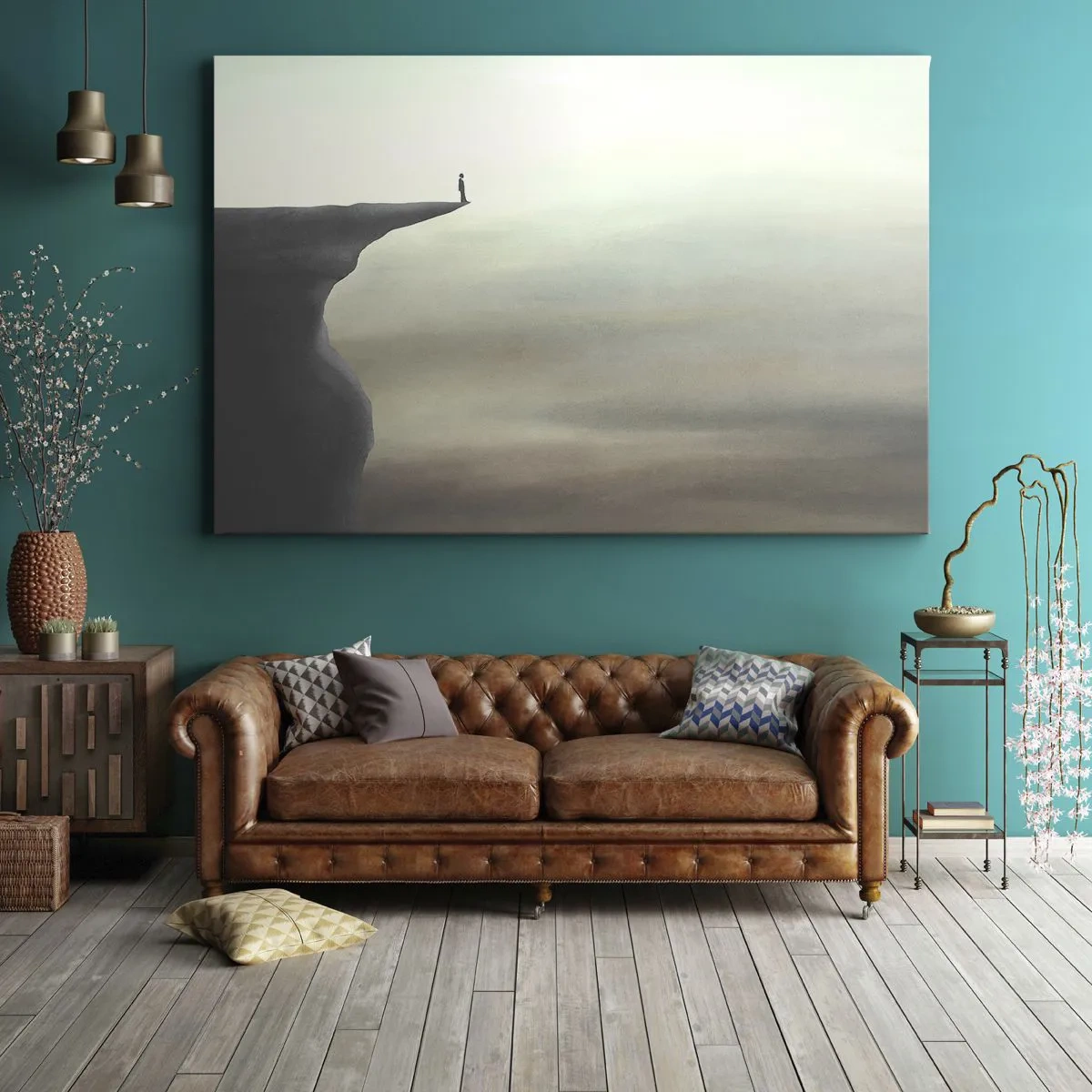 Quadro em tela - Silhueta de uma figura na beira de um penhasco em uma paisagem enevoada - 70x50cm - Para cima, é claro! - Decoração de parede moderna para a sala de estar e quarto ARTTOR