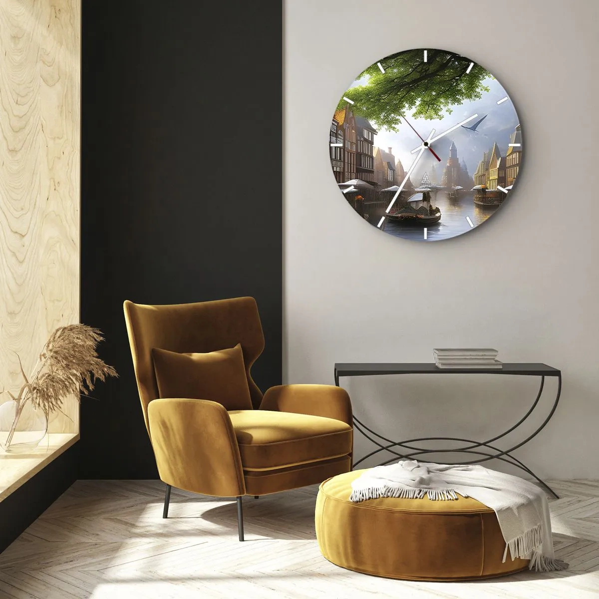 Relógio de parede - Relógio em vidro - Canal de água com barcos e casas históricas - 30x30cm - Paisagem urbana holandesa - Decoração de parede moderna para a sala de estar, cozinha e quarto ARTTOR