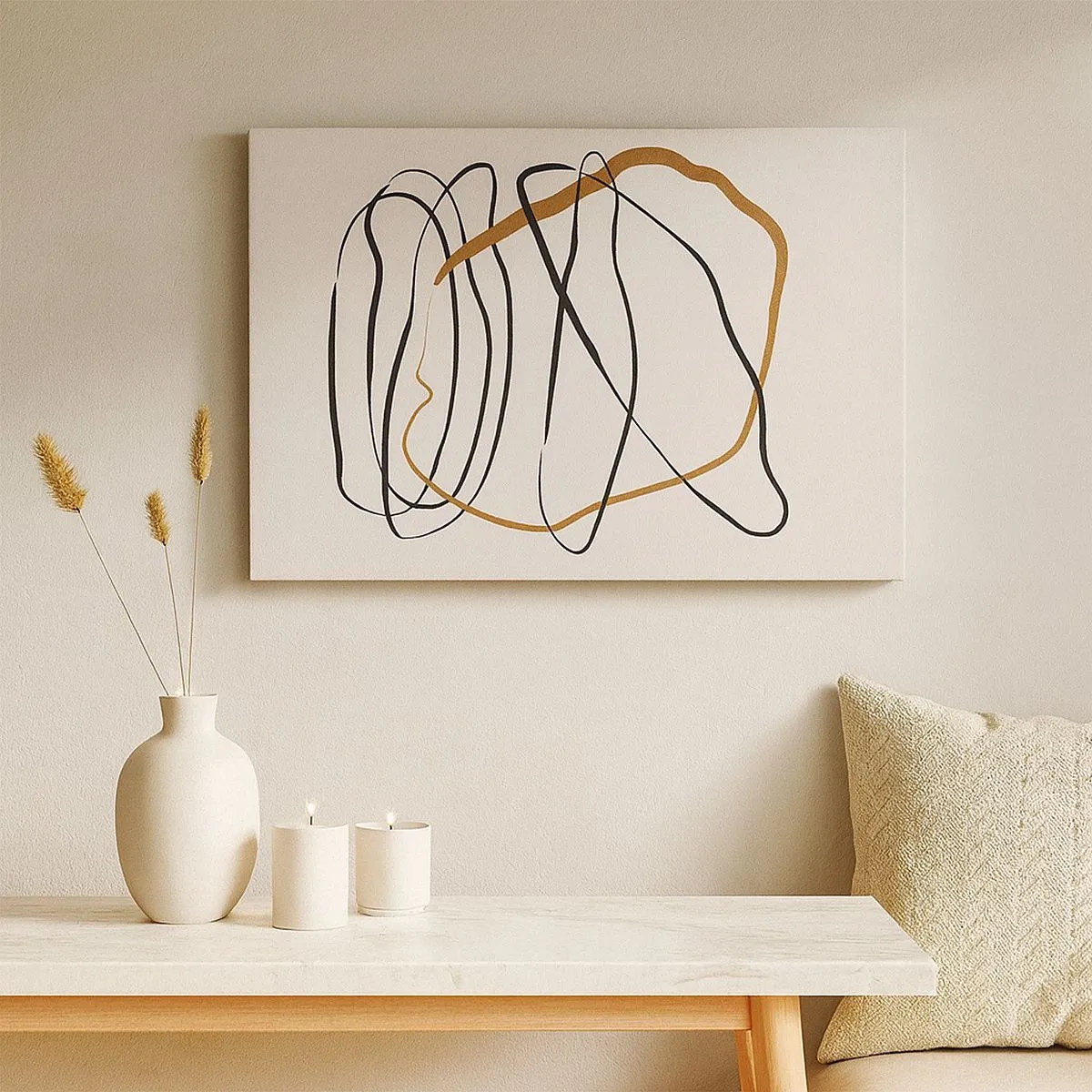 Quadro em tela - Linhas artísticas em preto e dourado sobre fundo claro - 70x50cm - Composição – dança em loop - Decoração de parede moderna para a sala de estar e quarto ARTTOR