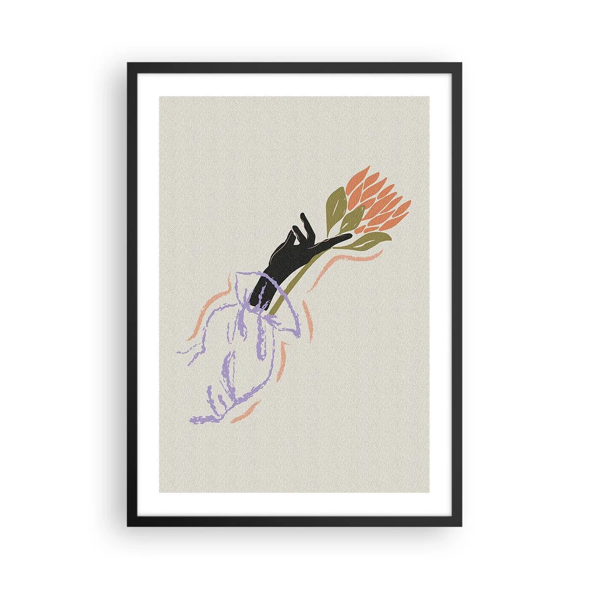 Pôster com moldura preta - Desenho abstrato de uma mão segurando um buquê de flores - 50x70cm - Toque fraterno - Decoração de parede moderna para a sala de estar e quarto ARTTOR