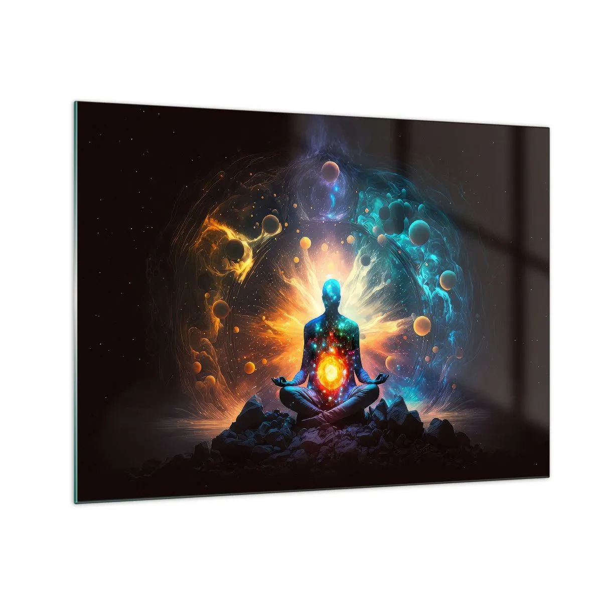 Quadro em vidro - Uma silhueta meditando em uma explosão cósmica de cores - 70x50cm - Paz cósmica - Decoração de parede moderna para a sala de estar e quarto ARTTOR