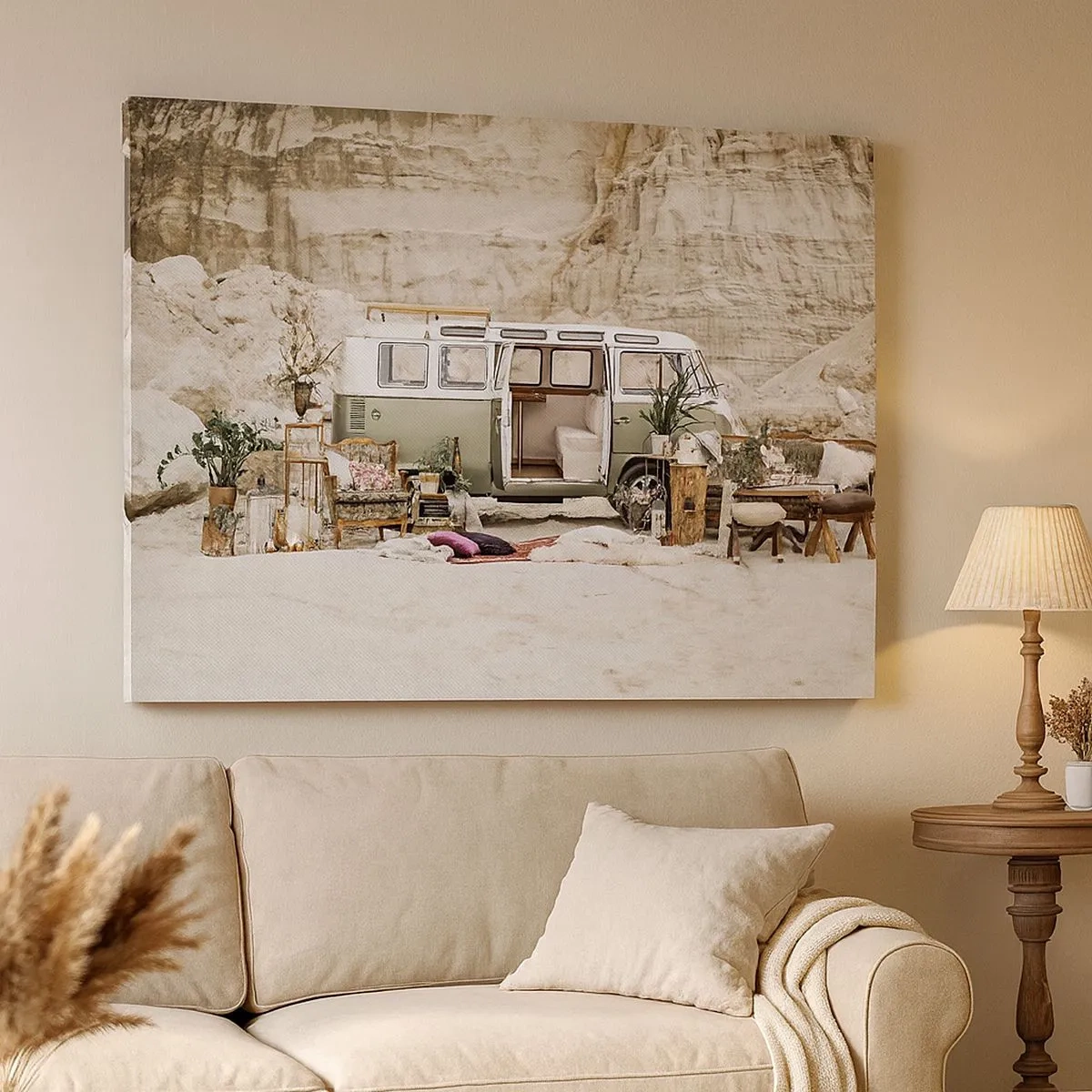 Quadro em tela - Um trailer retrô com design boho em meio a uma paisagem rochosa. - 70x50cm - É hora de começar a jornada - Decoração de parede moderna para a sala de estar e quarto ARTTOR
