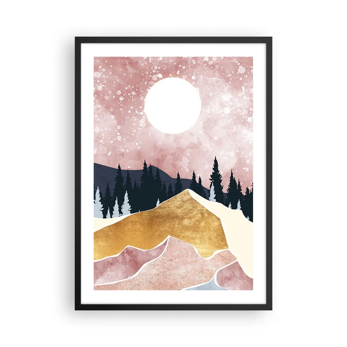 Pôster com moldura preta - Paisagem abstrata com floresta, montanhas e detalhes dourados - 50x70cm - Ronda Noturna - Decoração de parede moderna para a sala de estar e quarto ARTTOR