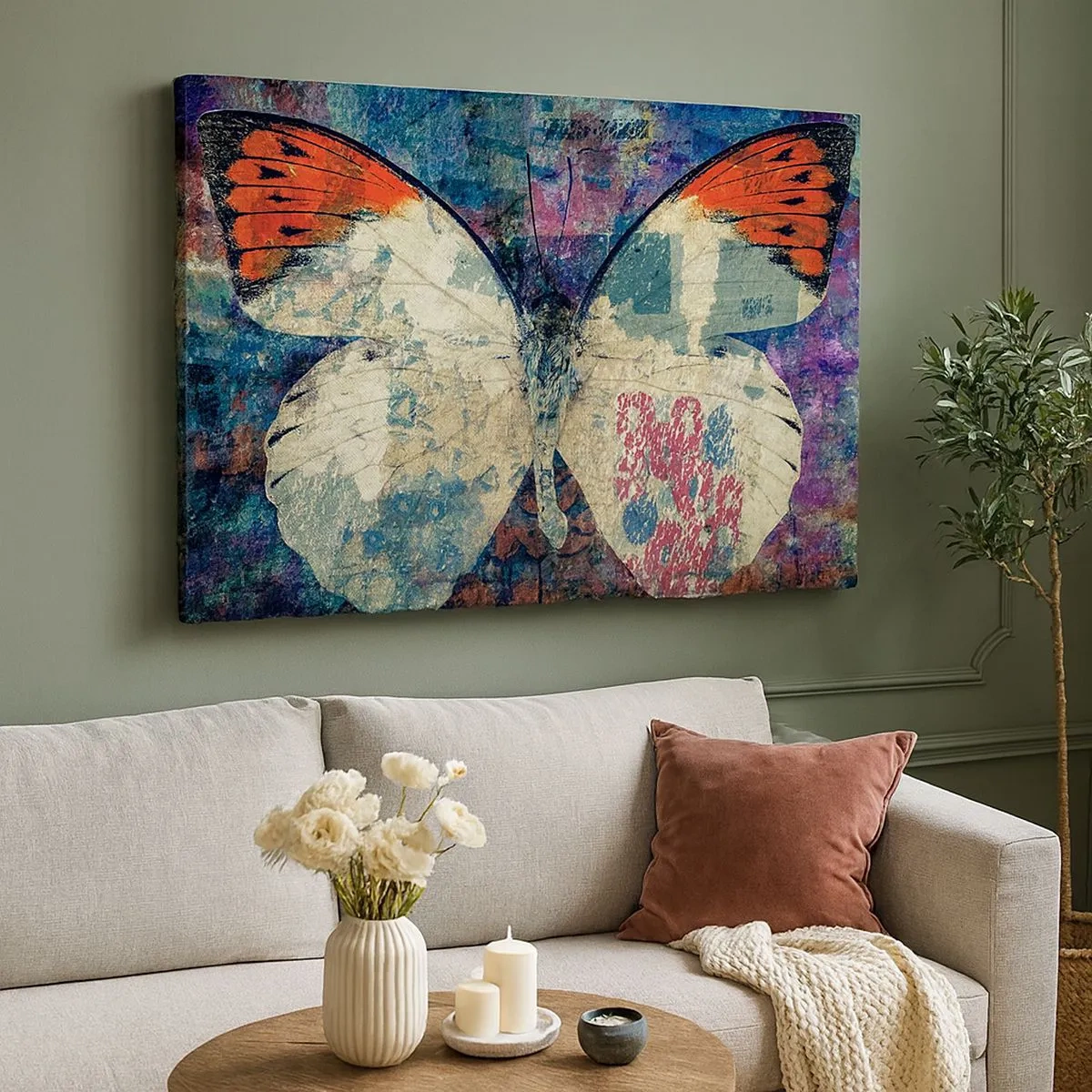 Quadro em tela - Borboleta em um fundo artístico abstrato com detalhes coloridos - 70x50cm - Fragilidade subtil - Decoração de parede moderna para a sala de estar e quarto ARTTOR