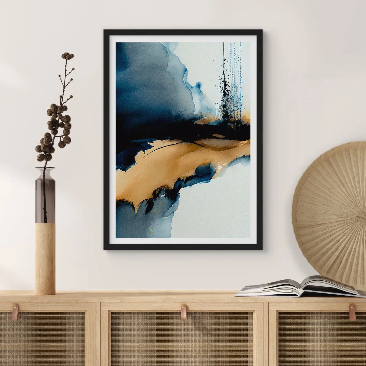 Pôster com moldura preta - Uma composição abstrata em tons de azul marinho e dourado - 50x70cm - Atrás da cortina - Decoração de parede moderna para a sala de estar e quarto ARTTOR