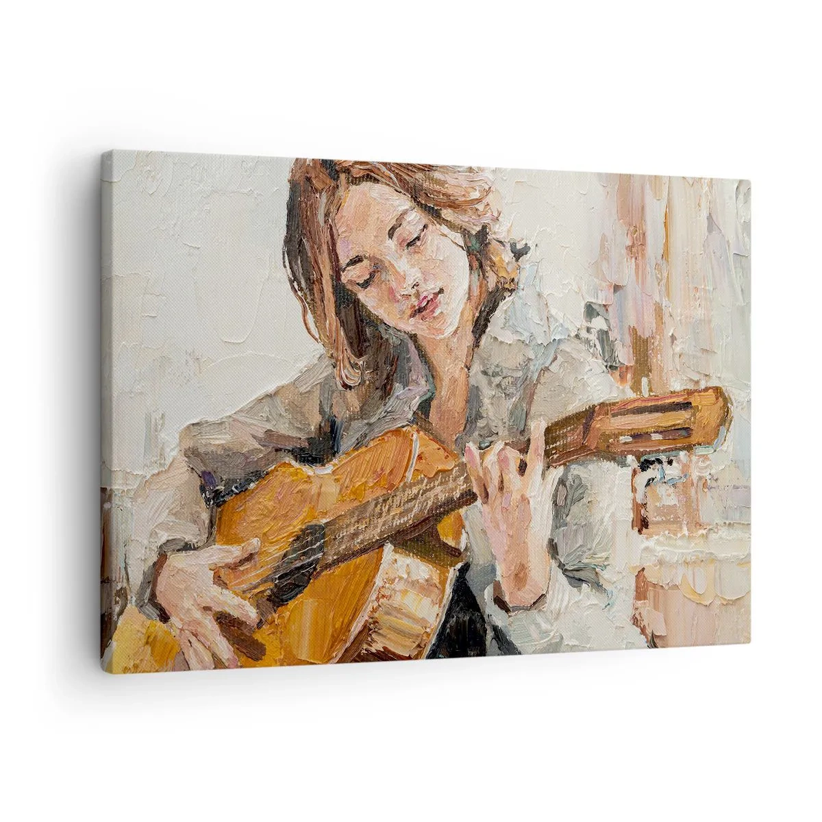 Quadro em tela - Retrato de uma menina tocando violão em estilo pictórico com cores quentes. - 70x50cm - Concerto de violão e coração de rapariga - Decoração de parede moderna para a sala de estar e quarto ARTTOR