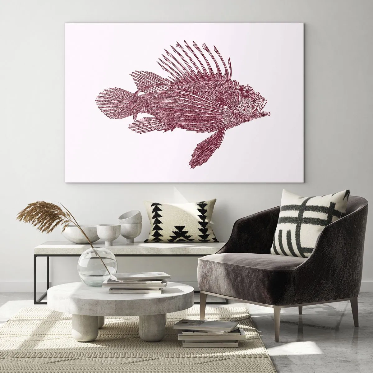Quadro em vidro - Desenho de um peixe exótico na cor bordô sobre um fundo claro - 70x50cm - Um habitante de águas exóticas - Decoração de parede moderna para a sala de estar e quarto ARTTOR