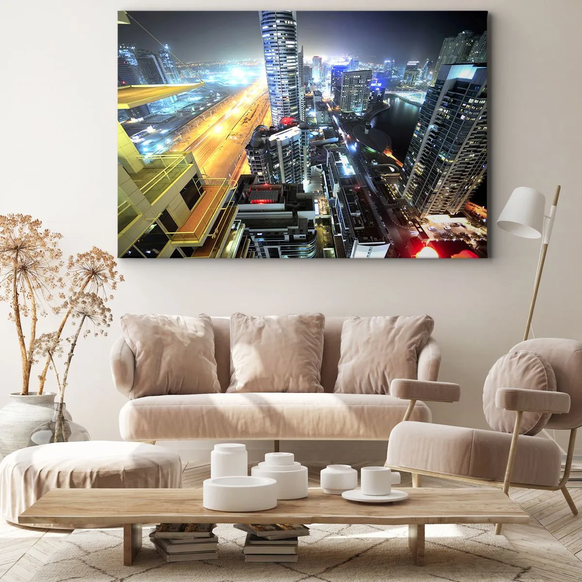 Quadro em tela - Panorama da cidade noturna com arranha-céus iluminados - 70x50cm - Milagre no deserto - Decoração de parede moderna para a sala de estar e quarto ARTTOR