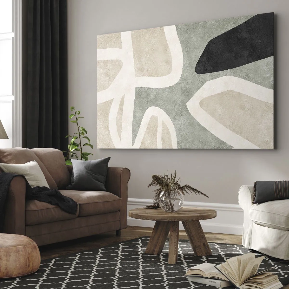 Quadro em tela - Formas abstratas em cores suaves - 70x50cm - Composição com motivo preto - Decoração de parede moderna para a sala de estar e quarto ARTTOR