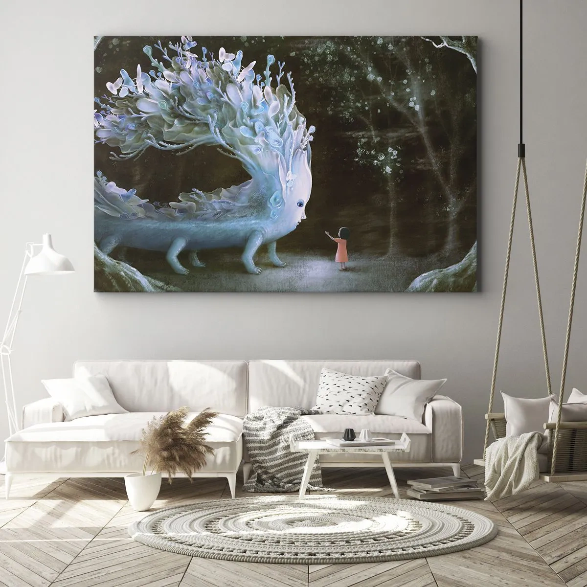 Quadro em tela - A figura de uma menina diante de uma criatura fantástica - 70x50cm - Encontro fantástico - Decoração de parede moderna para a sala de estar e quarto ARTTOR