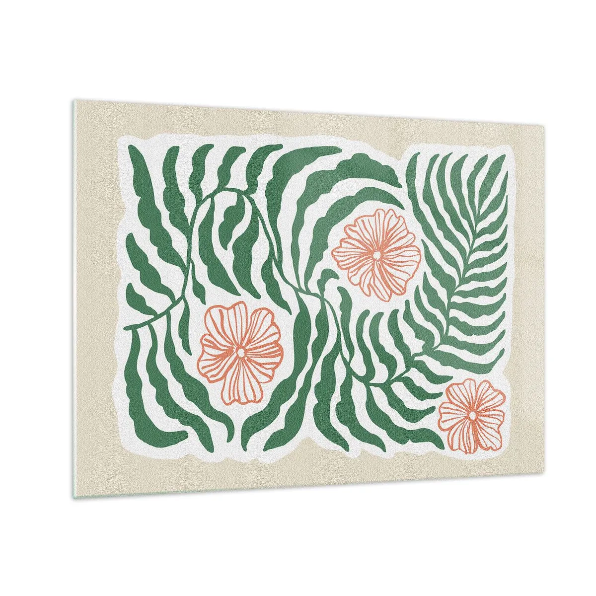 Quadro em vidro - Folhas verdes e flores vermelhas em um arranjo gráfico - 70x50cm - Florescendo em verde - Decoração de parede moderna para a sala de estar e quarto ARTTOR