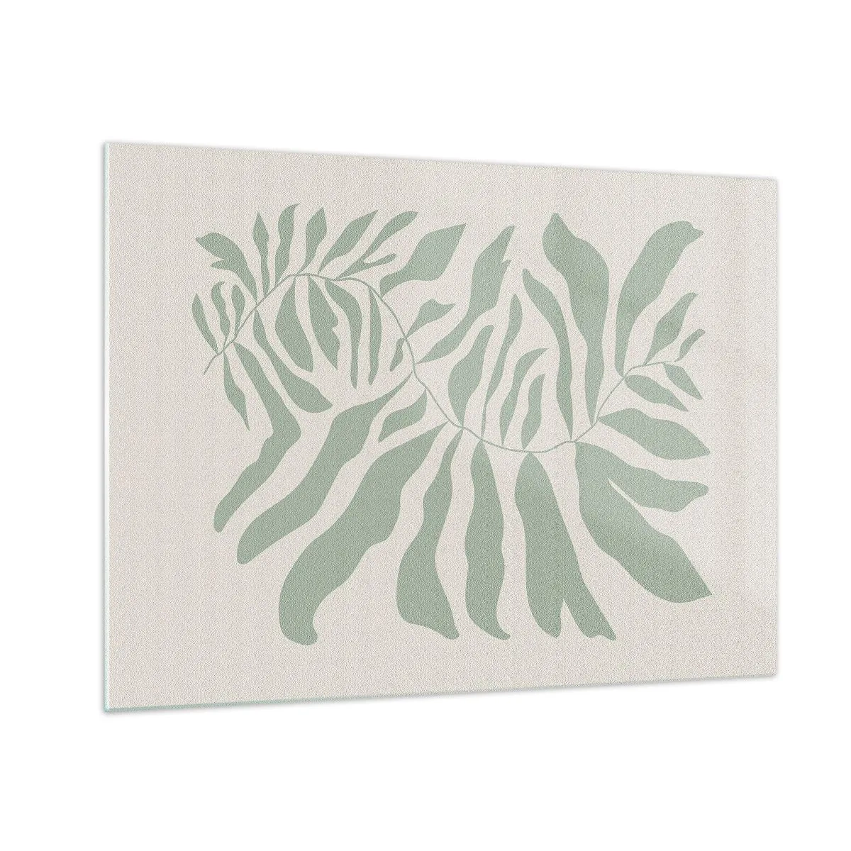 Quadro em vidro - Um ramo de esmeralda com formas orgânicas em um fundo claro - 70x50cm - Galho esmeralda - Decoração de parede moderna para a sala de estar e quarto ARTTOR