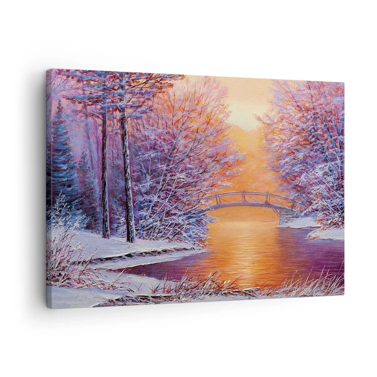 Quadro em tela - Paisagem de inverno com uma ponte e pôr do sol - 70x50cm - Vamos nos encontrar aqui - Decoração de parede moderna para a sala de estar e quarto ARTTOR