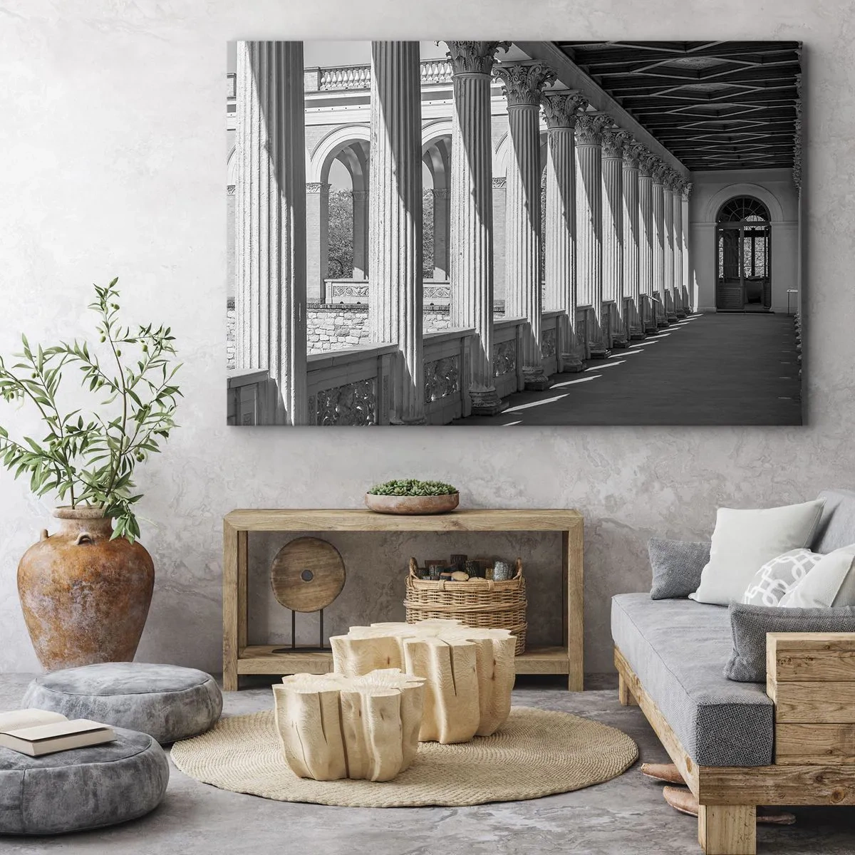 Quadro em tela - Colunata de estilo clássico em preto e branco - 70x50cm - Arcada ensolarada - Decoração de parede moderna para a sala de estar e quarto ARTTOR