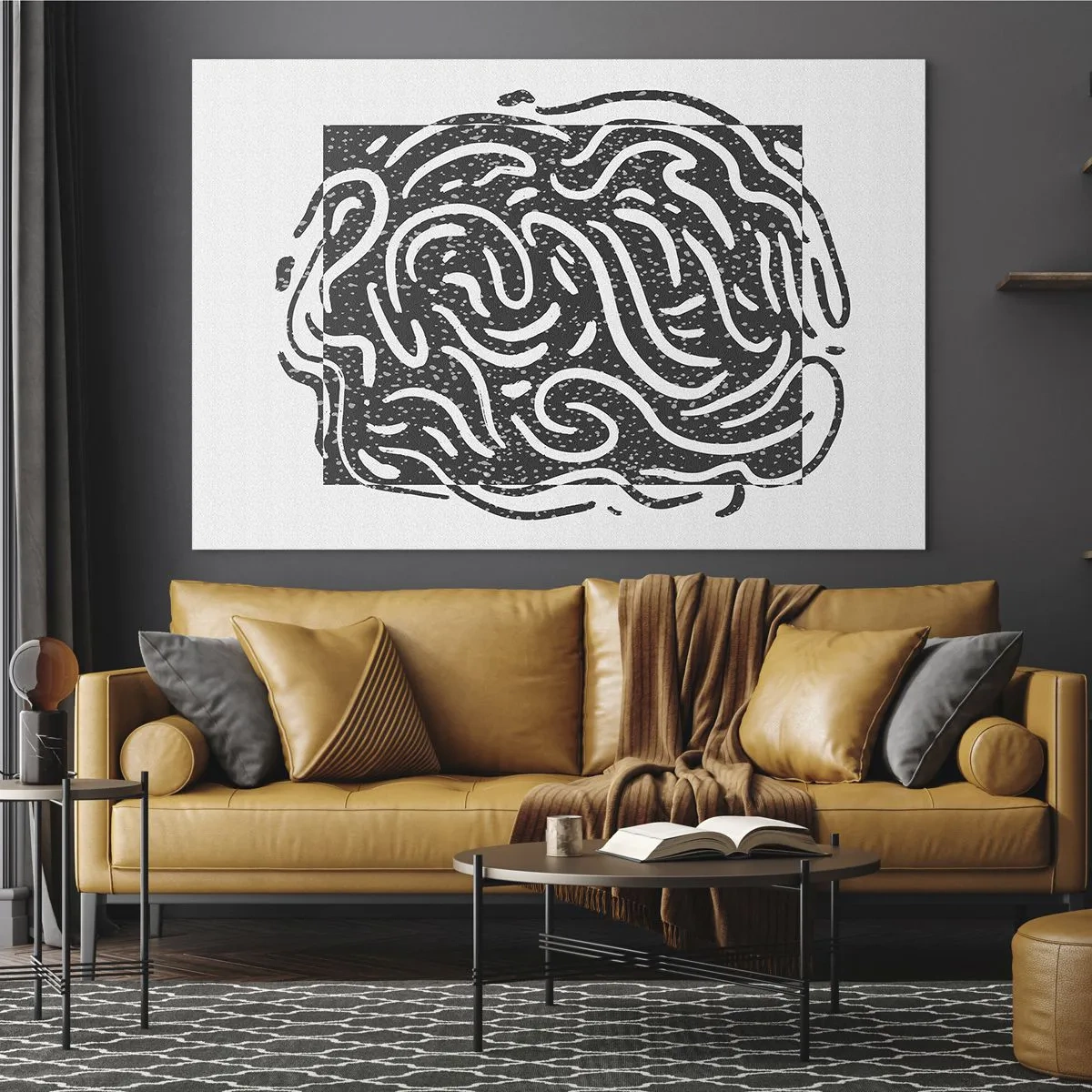 Quadro em vidro - Linhas e pontos abstratos dinâmicos criando uma forma energética - 70x50cm - Resumo: dança da alegria - Decoração de parede moderna para a sala de estar e quarto ARTTOR