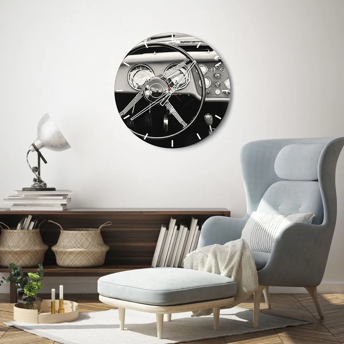 Relógio de parede - Relógio em vidro - Cabine de carro antigo em tom sépia retrô - 30x30cm - Um sonho de colecionador - Decoração de parede moderna para a sala de estar, cozinha e quarto ARTTOR