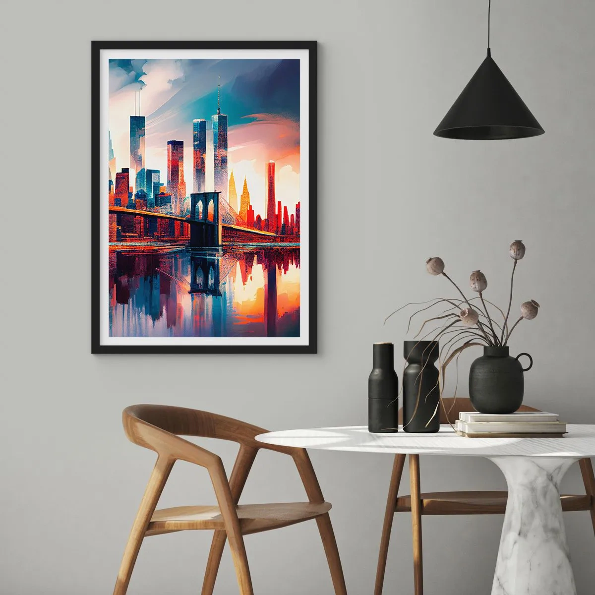 Pôster com moldura preta - Panorama da cidade com uma ponte e reflexo na água - 50x70cm - Nova York dos sonhos - Decoração de parede moderna para a sala de estar e quarto ARTTOR
