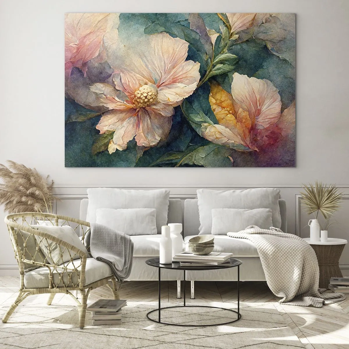 Quadro em vidro - Flores delicadas em tons pastel de aquarela - 70x50cm - Apenas sutileza - Decoração de parede moderna para a sala de estar e quarto ARTTOR