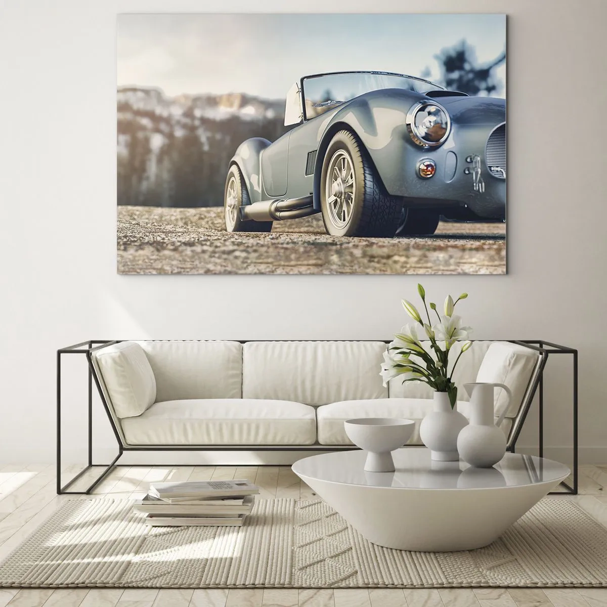 Quadro em vidro - Um carro esportivo com montanhas ao fundo - 70x50cm - Porque o estilo conta - Decoração de parede moderna para a sala de estar e quarto ARTTOR