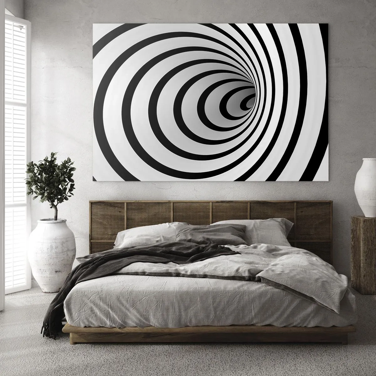 Quadro em vidro - Padrão espiral abstrato em preto e branco - 70x50cm - Também não resiste? - Decoração de parede moderna para a sala de estar e quarto ARTTOR