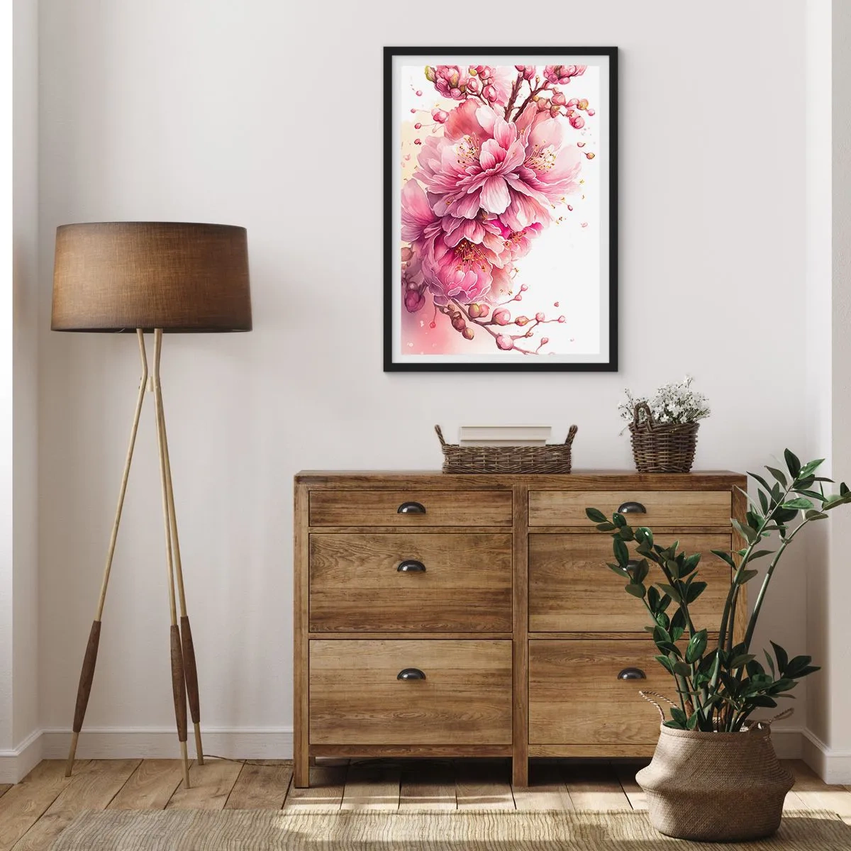 Pôster com moldura preta - Delicadas flores de cerejeira rosa em plena floração contra um fundo claro - 50x70cm - Flor de cerejeira - Decoração de parede moderna para a sala de estar e quarto ARTTOR