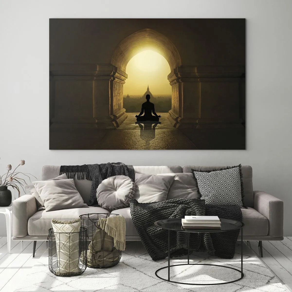 Quadro em vidro - Silhueta de uma pessoa meditando à luz do pôr do sol em um arco arquitetônico - 70x50cm - Harmonia completa - Decoração de parede moderna para a sala de estar e quarto ARTTOR