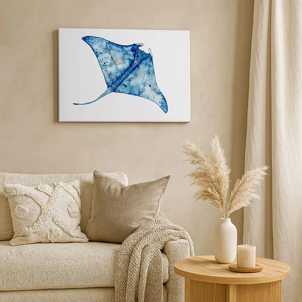Quadro em tela - Arraia azul em estilo aquarela sobre fundo branco - 70x50cm - A vida em azul - Decoração de parede moderna para a sala de estar e quarto ARTTOR