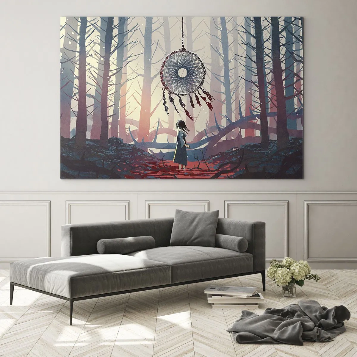 Quadro em vidro - Uma figura na floresta olha para um grande apanhador de sonhos flutuando no ar. - 70x50cm - O ritual secreto da felicidade - Decoração de parede moderna para a sala de estar e quarto ARTTOR